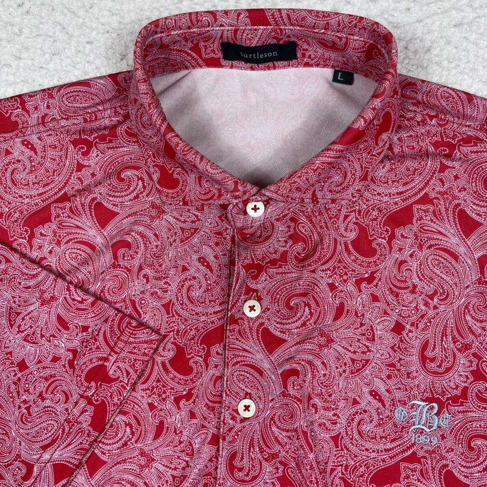 Turtleson Polo Shirt Mens Large Red Paisley Stretch Bellevue Golf New England